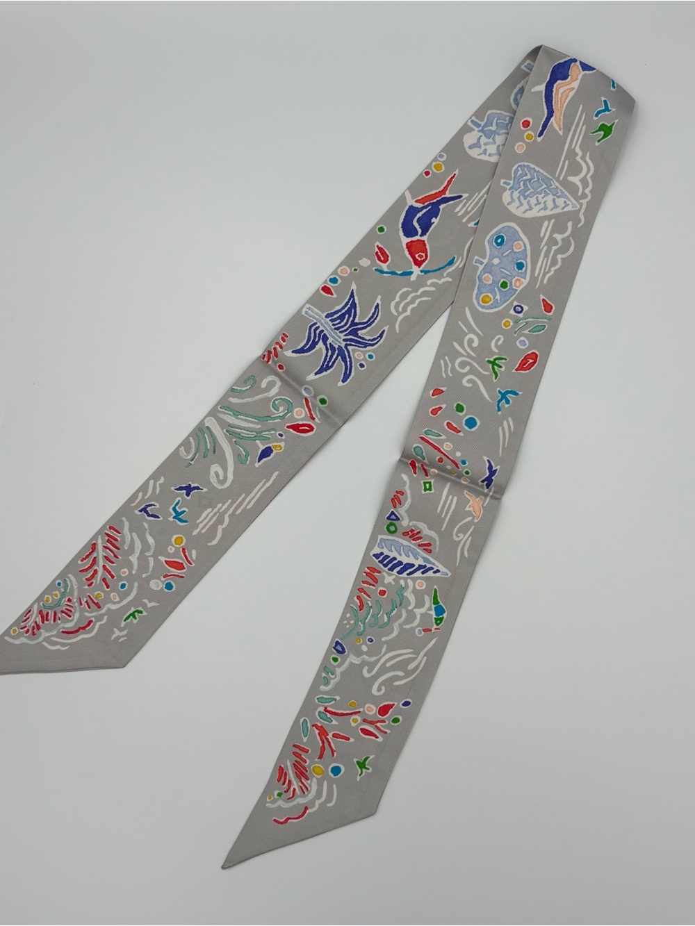 Hermes Isola Di Primavera Twilly Scarf Gris Perle Grenadine Multicolor - Picture 2 of 6